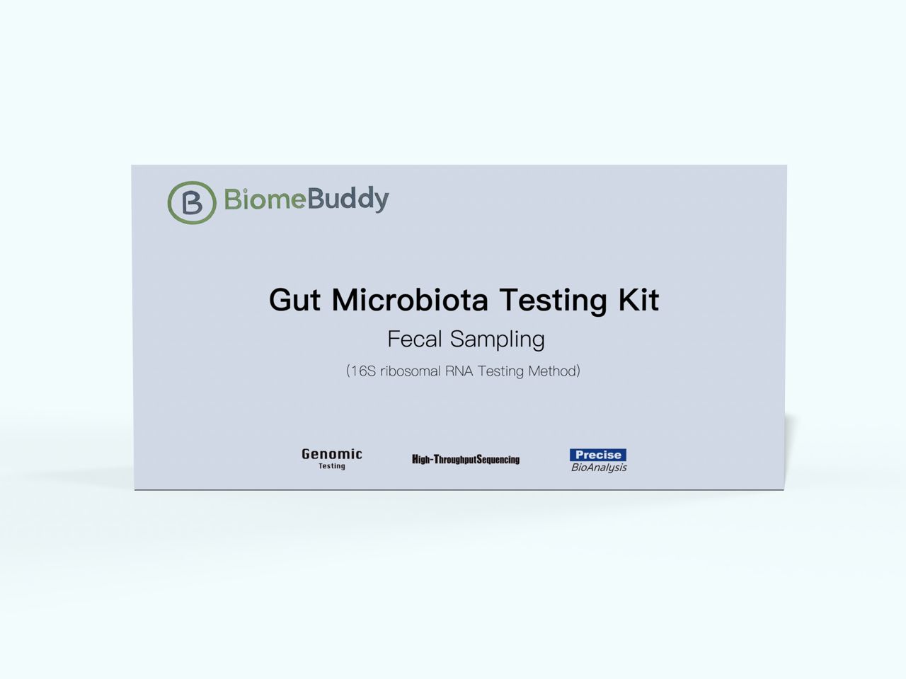 BiomeBuddy test kit close-up showing Gut Microbiota Testing Kit for fecal sampling